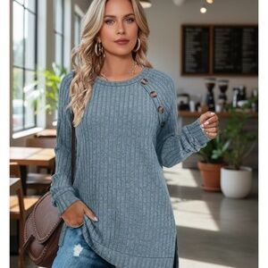 Stylish Blue Ribbed top with Button Detail